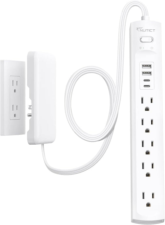 Flat Plug Power Strip 6ft, Outlet Cover Extension Cord with 5 Outlets and 4 USB Ports, 1440J Surge Protector, 10A/1250W, White Flat Wall Plug Extension Cord Ideal for Home Office Furniture