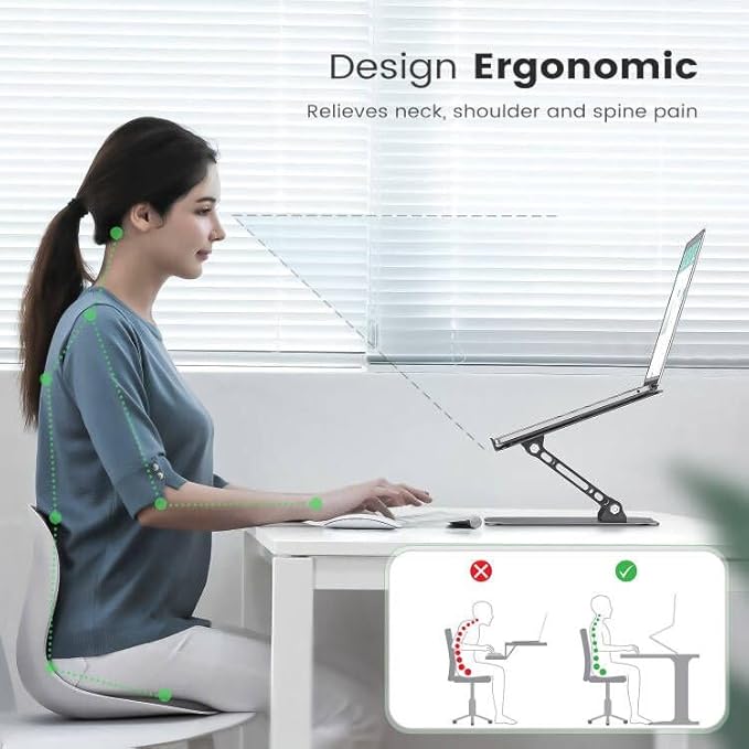 Adjustable Laptop Stand for Desk, Aluminum Portable Laptop Stand, Lightweight 500g, Foldable Ergonomic Computer Notebook stand Holder for 11-16" MacBook Air Pro, Dell XPS,HP Computer Notebook, Black