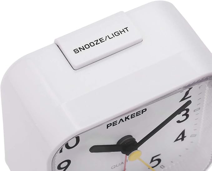 Peakeep Small Battery Operated Analog Travel Alarm Clock Silent | No Ticking, Lighted on Demand and Snooze, Beep Sounds, Gentle Wake, Ascending Alarm, Easy Set (White)