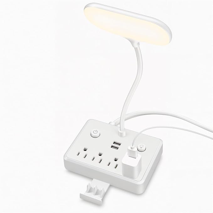 LED Desk Lamp, Power Outlet with Dimming Night Light Desk Light,Table Lamps 3 Lighting Modes Desktop Charging Extension Lead 4 AC Power Outlet and 2 USB Charging Ports for Travel Home Office