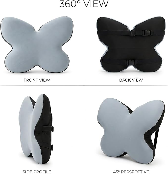 Butterfly Lumbar Support Pillow for Car and Chair, Gray | Memory foam back cushion with butterfly support, washable cover and dual adjustable straps for chairs and car seats