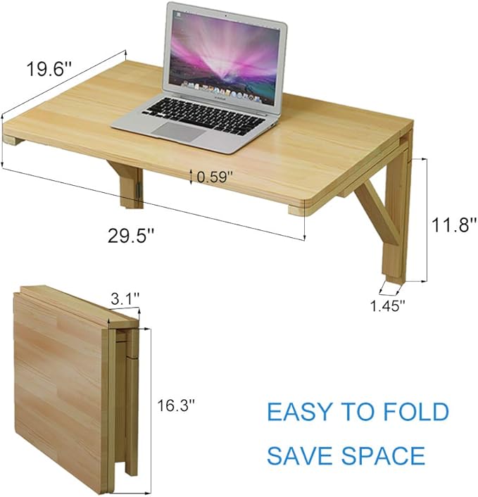 MM MELISEN Wood Folding Desk - Natural 29.5x19.6 Inch Wall Mount Fold-Down Table for Small Spaces. Perfect as a Kitchen prep spot, Craft Station, or Bedroom Desk. Easy Install, Sturdy, Folds Away