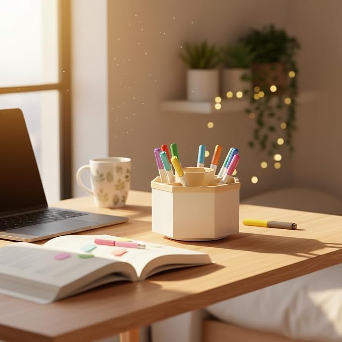 Jekelife 360 Degree Rotating Pen Holder,5-Compartment Desk Organizer,Beige | Five divided compartments and a smooth rotating base keep pens, pencils, markers, scissors and art supplies within reach.