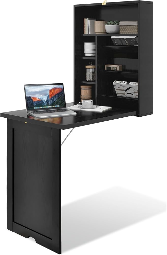 Wall Mounted Desk, Fold Out Convertible Desk with Storage Shelves, Space Saving Wall Folding Table, Home Office Floating Desks for Small Spaces (Black)
