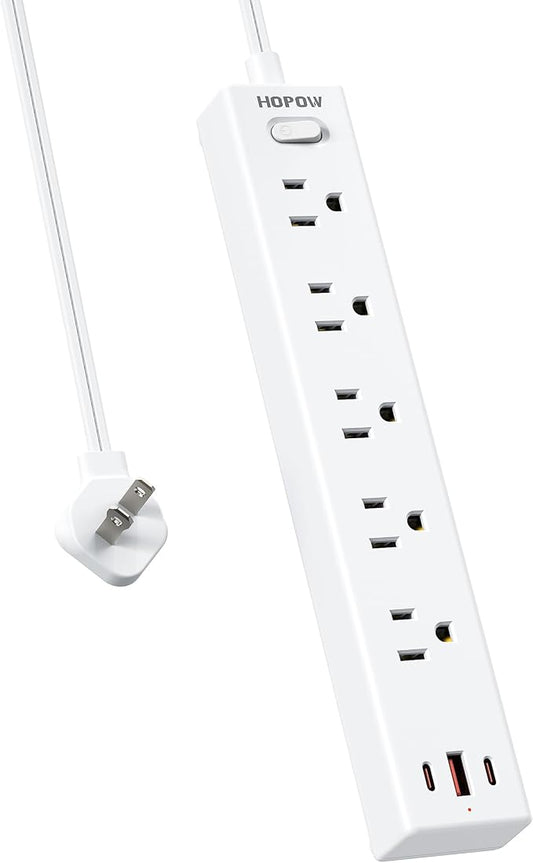 HOPOW 2 Prong Power Strip, 2 to 3 Prong Outlet Adapter with 1700J Surge Protection, 6ft Two Prong Extension Cord, 5 AC Outlets & 3 USB(5V 3.4A Max), Wall Mount for Non-Grounded Outlet, White