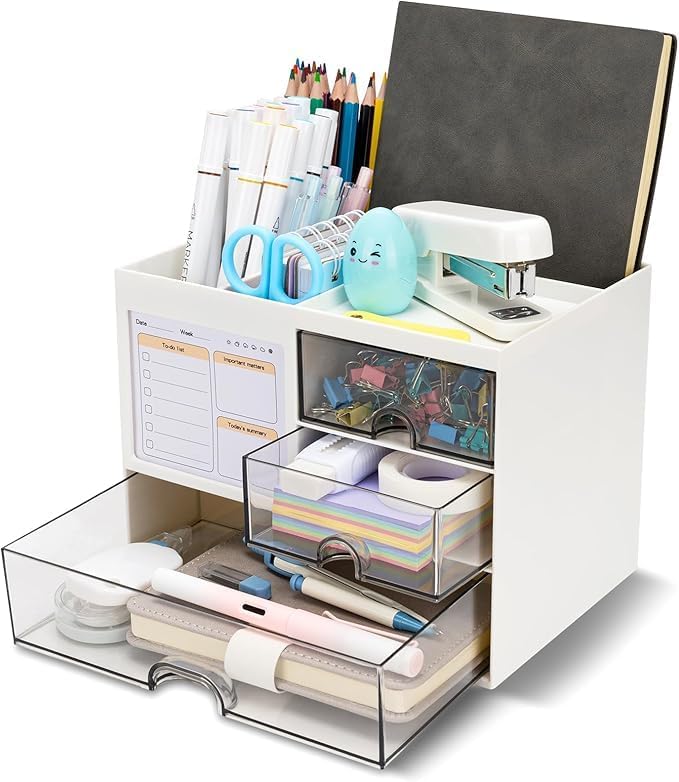 Desk Organiser with 6 Compartments, White, Ultimate Organisation, Includes Notepad