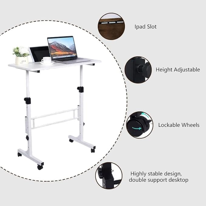 Portable Standing Desk, Adjustable Height 27.5"-43.3", Small Rolling Desk with Lockable Wheels, Foldable Computer Desk for Home Office, Space-Saving Laptop Table, White