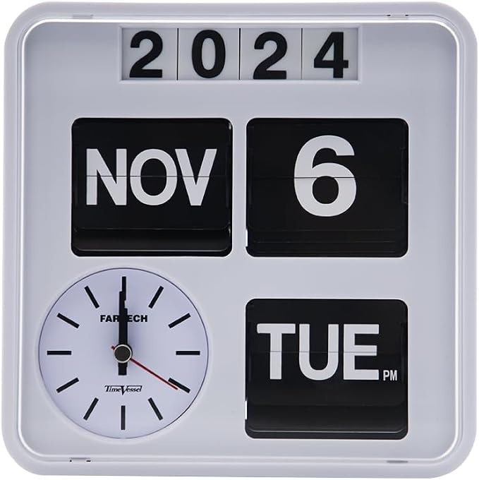 Retro Modern 9.45 Inches Calendar Day Date Flip Desk Wall Clock (Black)(No Battery Included) (Ivory)