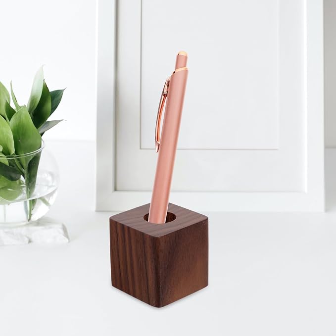 Walnut Wood Pen Holder Cube Stand 1.37 Inch Single Desk Organizer for Fountain Pen Ink Office Home School Use