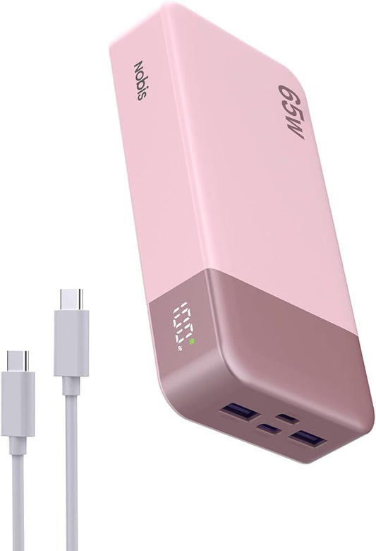 NOBIS Portable Charger, 65W 20000mAh Power Bank Fast Charging PD QC, 2 USB-C(in/Out) & 2 USB-A Battery Pack with Digital Display for Laptop Phone 17 Tablet Earbuds