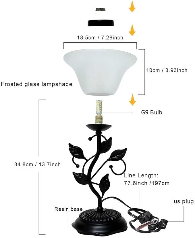 Vintage Rural Leaf Table Lamp Set of 2, 7.28×7.28×14.29 inch LED Floral Desk Light, with Frosted Glass Shade, One-Button Switch for Bedroom, Living Room, Nightstand, LED Bulb Included