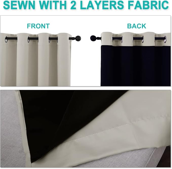 NICETOWN Full Shading Curtains for Windows, Super Heavy-Duty Black Lined Blackout Curtains for Bedroom, Privacy Assured Window Treatment (Natural, Pack of 2, 55 inches W x 102 inches L)