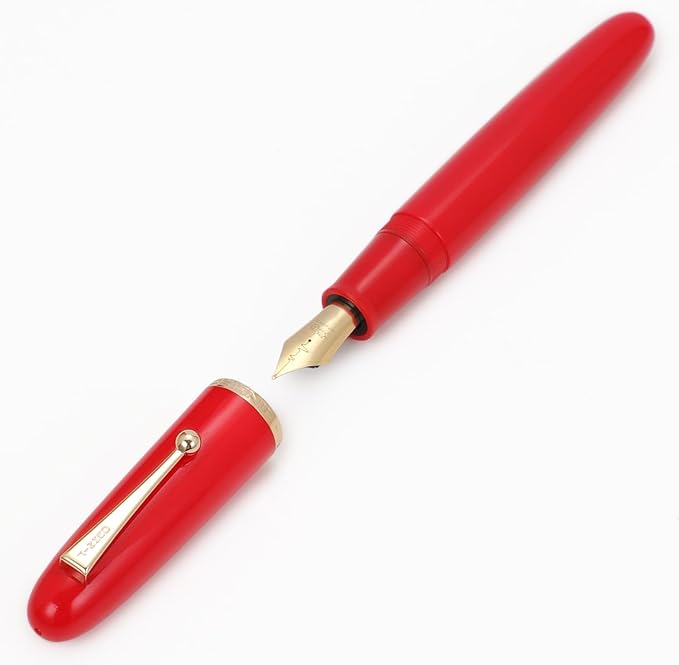 Jinhao 9019 DaDao Series Fountain Pen, Size 8 Medium Heartbeat Nib with Large Ink Converter, Bright Red Acrylic Design Smooth Writing Pen (Gold Trim)