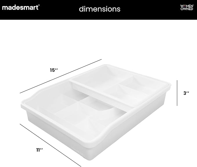madesmart Classic Junk Drawer Organizer, White | rounded corners, sliding top tray, removable upper level, 13 compartments, cords pens keys, woman owned