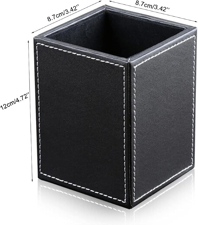 PU Leather Square Pens Pencils Holder Cup Desktop Stationery Organizer Case Office Accessories Container Box (black)