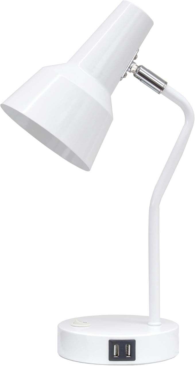 Simple Designs LD1072-WHT 15.2" Sleek Essentials Metal Cone Shade Desk Lamp with Adjustable Shade and Dual USB Ports, for Office, Desk, Nightstand, Dorm, White
