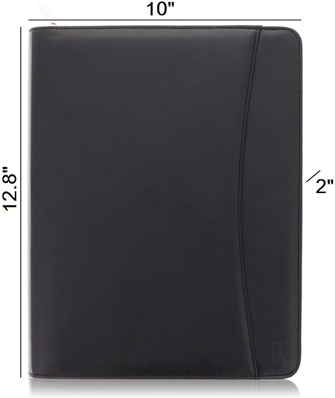 Black Zippered Leather Portfolio - High Capacity 2-Inch Spine - Fits Surface Go & iPad Pro/Air 11 Inch - Professional Resume Padfolio