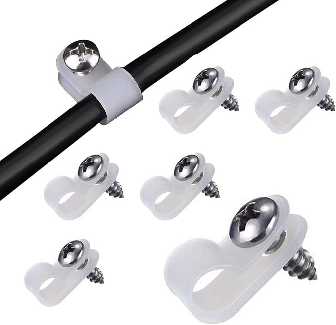 VIPMOON 100Pcs 5/16 Inch R-Type Cable Clamps, Nylon Plastic Cable Clips with Screws, Mounting Cord Fasteners for Electrical Wire Clamps Management, White