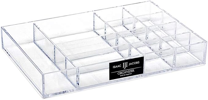 Isaac Jacobs 12-Compartment Clear Acrylic Drawer Organizer - 9.4"x6.4"x1.3" | Drawer Organizer (9.4" L x 6.4" W x 1.3" H), Multi-Sectional Storage Solution for Makeup, Office Supplies, Bathroom, Kitchen