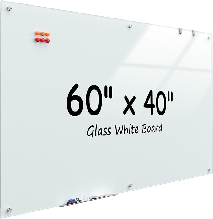 MaxGear 60" x 40" Glass Whiteboard Wall Mounted for Office Home Classroom | Magnetic Glass Dry Erase Board, Tempered Glass, Steel Backed, Non-Porous Surface, Frameless Design, Hardware Included