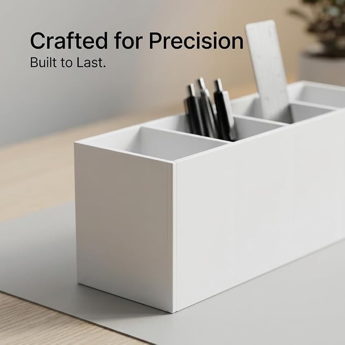 4 Compartment White Acrylic Pen Holder for Desk, Large Desktop Organizer & Pencil Cup, Makeup Brush Holder for Countertop, Multi-functional Pen Pencil Brushes Holders Caddy (Opaque White)