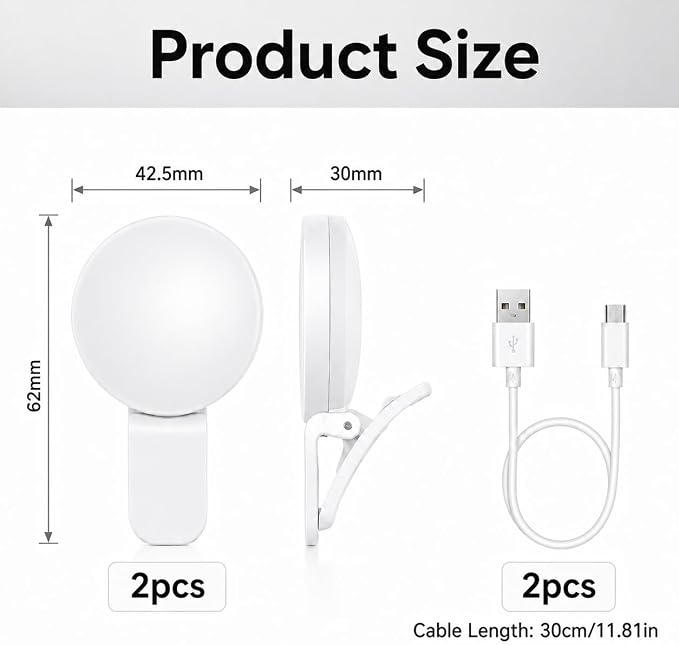 2Pcs Mini LED Ring Light for Phone, Rechargeable Clip On Selfie Light, Portable Adjustable Brightness LED Lighting for Video Recording, Compatible with iPhone, iPad, Laptop (White)