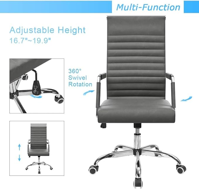 Furmax Ribbed Office Desk Chair Mid-Back PU Leather Executive Conference Task Chair Adjustable Swivel Chair with Arms (Bicolor Vintage Grey)