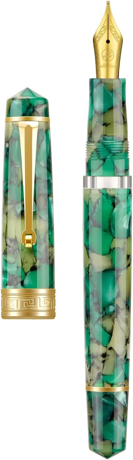 Asvine P20 Piston Fountain Pen Green Marble Acrylic, Fine Nib Gold Trim Smooth Writer Collection with Case Set