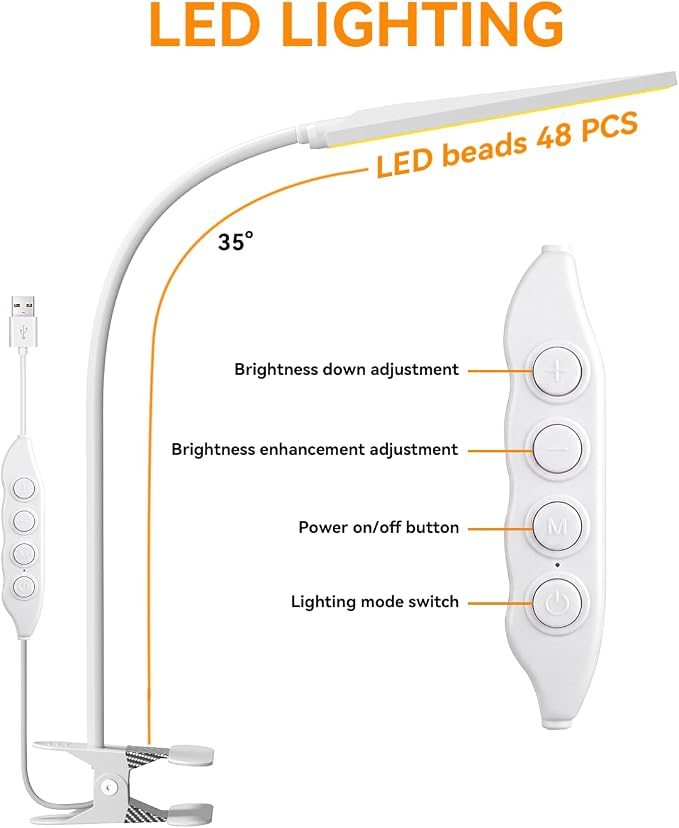 Eye-Caring Adjustable LED Reading Clamp Desk Lamp with 48 LEDs Flexible Neck, 3 Color Modes & 11 Brightness Levels for Office Bedroom Study (White)