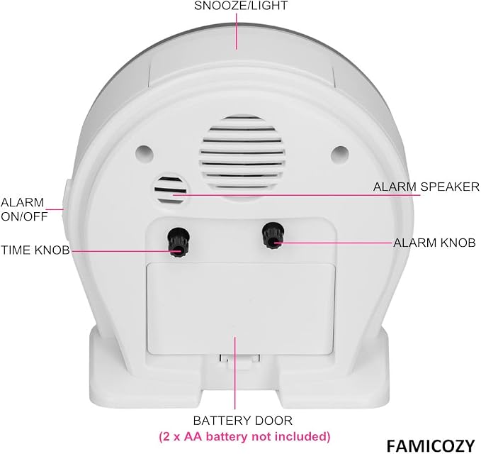 FAMICOZY 4.5" No Ticking Analog Alarm Clock,Silent Readable for Seniors,Easy to Set,Gradual Rise Alarm,Big Numbers,On/Off Switch on Side,Gentle Wake,Snooze Soft Backlight,Battery Operated,White