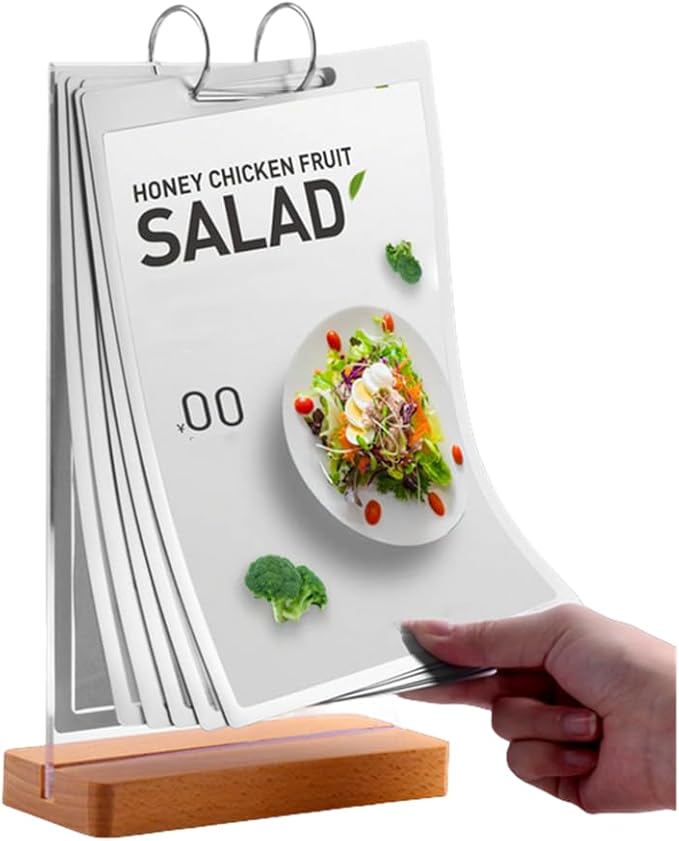6 Pages A5 Clear Acrylic Sign Holder,Beech Base Flip Table Sign Double Display Holder T Type Menu Holders 12 Sides Picture Paper Card Store Office Retail Show Fair -Vertical (6x8inch)