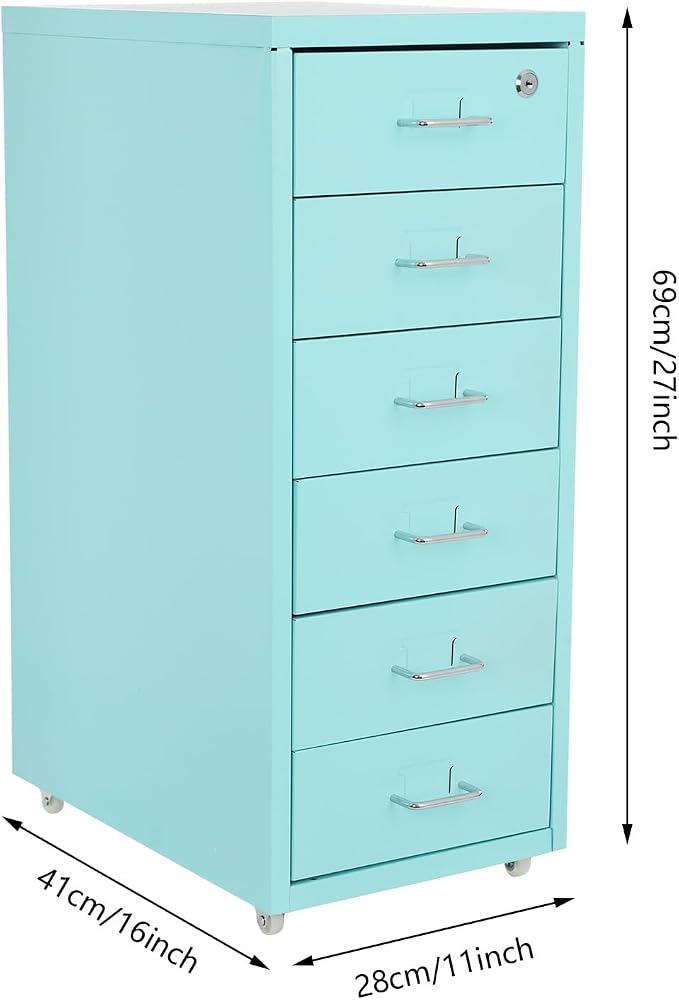 6 Drawer File Cabinet with Lock, Freestanding Filing Metal Drawers Organizer Vertical Metal Rolling Organizer Movable Under Desk Cabinet with Wheels for Home Office Living Room Study (6 Tiers Blue)