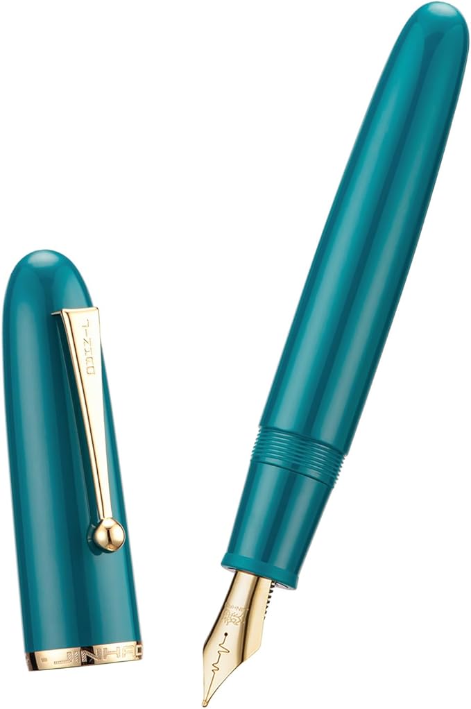 Jinhao 9019 DaDao Series Fountain Pen, Size 8 Fine Heartbeat Nib with Large Ink Converter, Lake Blue Acrylic Design Smooth Writing Pen (Gold Trim)