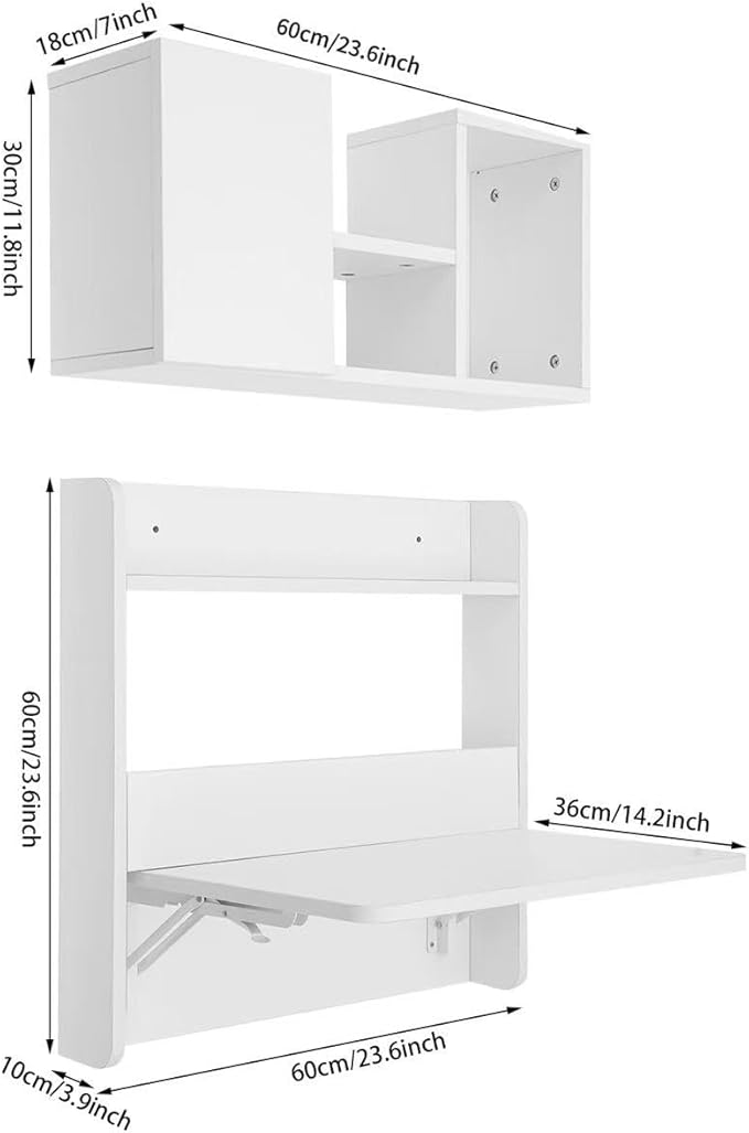 Floating Desk, 24" Wall Mounted Folding Desk with Bookshelf Folding Wall Desks Space Saving Workstation with Storage Shelves for Home Office Bedroom Study Room Small Space