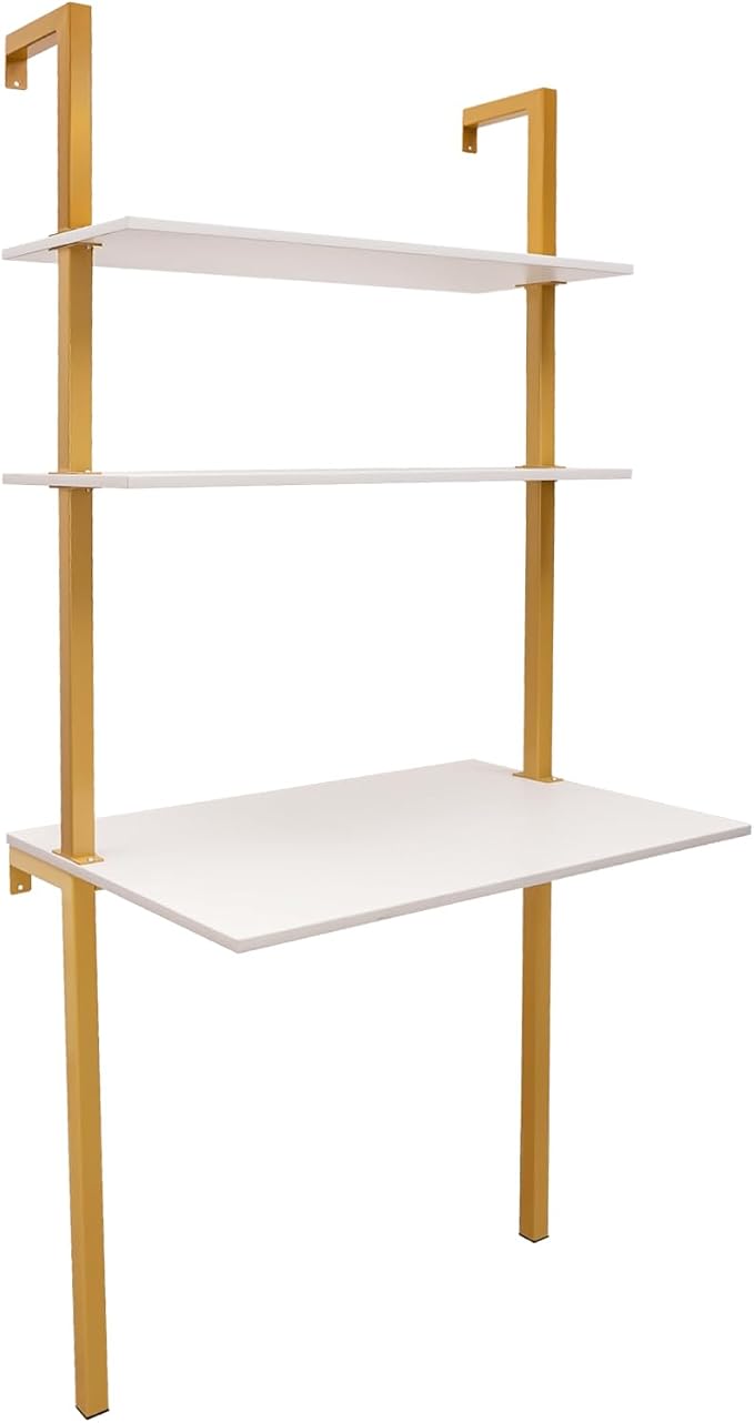 3-Shelf Industrial Wall Mount Ladder Desk, Small Computer or Writing Desk Gold and White for Homes Office School Small Spaces (30"x20"x73")