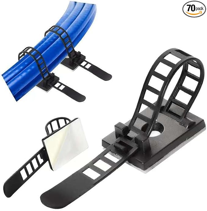 70 Packs Black Adhesive Cable Clips, Adjustable Reusable Zip Ties with Screw Mount, Self Adhesive Cable Management Organizer for Home Office Desk