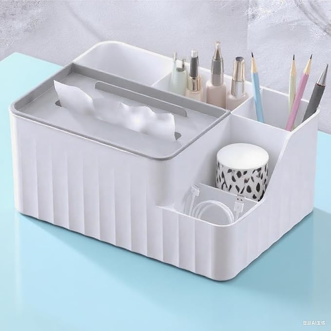 Modern Desktop Tissue Box Organizer with Phone Stand, Pencil Holder, White, Multi-Compartment Storage for Office, Makeup, Stationery (White)