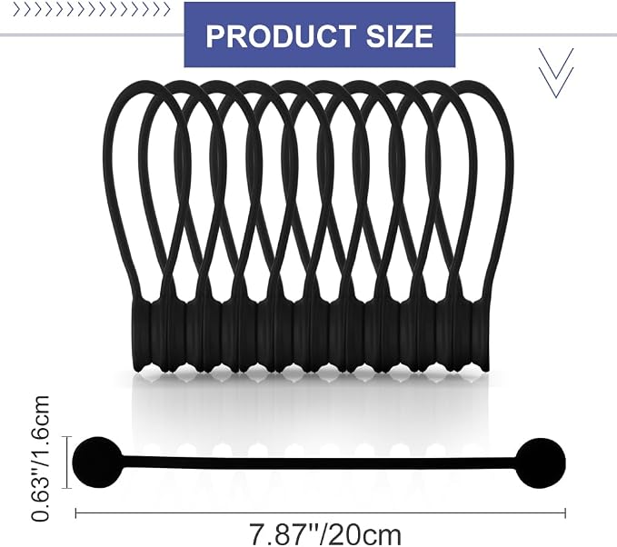 Kanemc 7.9'' Magnetic Cord Tie with Labels, Magnetic Twist Tie(10PCS-Black) | Magnetic Cable Organizer,Reusable Cable Ties with Strong Magnet for Bundling Cables,Silicone Cord Winder for home,Office