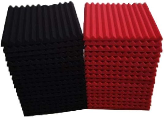 Burdurry 50 Pack Acoustic Panels Soundproof Studio Foam for Walls Sound Absorbing Panels Sound Insulation Panels Wedge for Home Studio Ceiling, 1" X 12" X 12" (Black&Red)