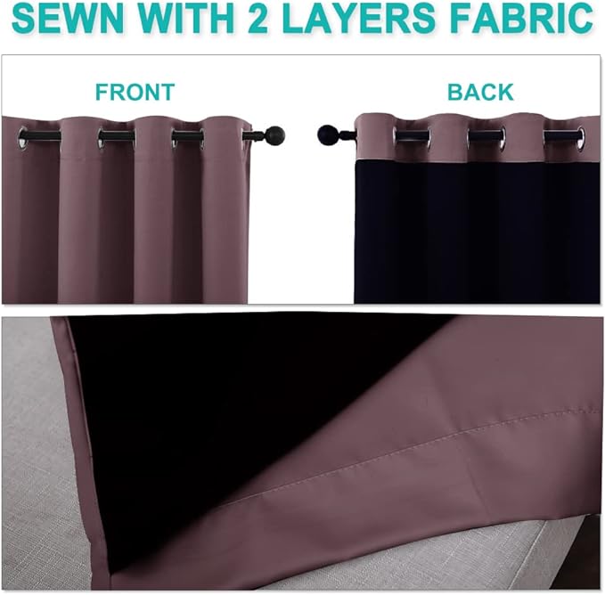NICETOWN 100% Blackout Curtains with Black Liners, Thermal Insulated Full Blackout 2-Layer Lined Drapes, Energy Efficiency Window Draperies for Bedroom (Dry Rose, 2 Panels, 52-inch W by 63-inch L)
