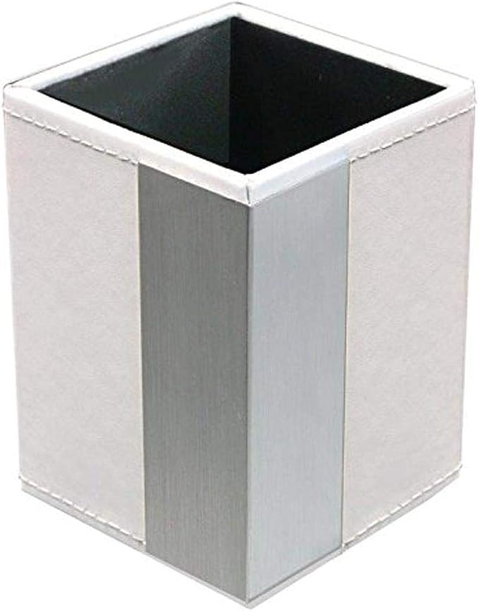 Architect Line Leather-Like Pencil Cup, White with Brushed Metal, Matching White Stitching and Velvet-Like Lining