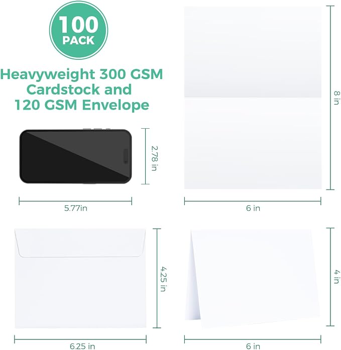 Ohuhu Blank White Cards and Envelopes 100 Pack - 4" x 6" Heavyweight Folded Cards and A4 Envelopes for DIY Greeting Cards Wedding Birthday Invitations Baby Shower Thank You Cards and All Occasions