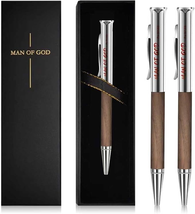 Christian Gifts for Men: Engraved Man of God Luxury Walnut Wood Rollerball Pen - Perfect Pastor Appreciation, Father's Day & Christian Graduation Gifts 2pcs