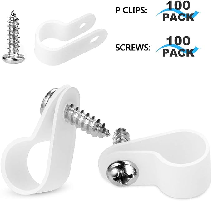 LOKMAN 100 Pack 1/4 Inch Rope Light P-Style Mounting Clips with Compatible Stainless Steel Pan Head Phillips Screws