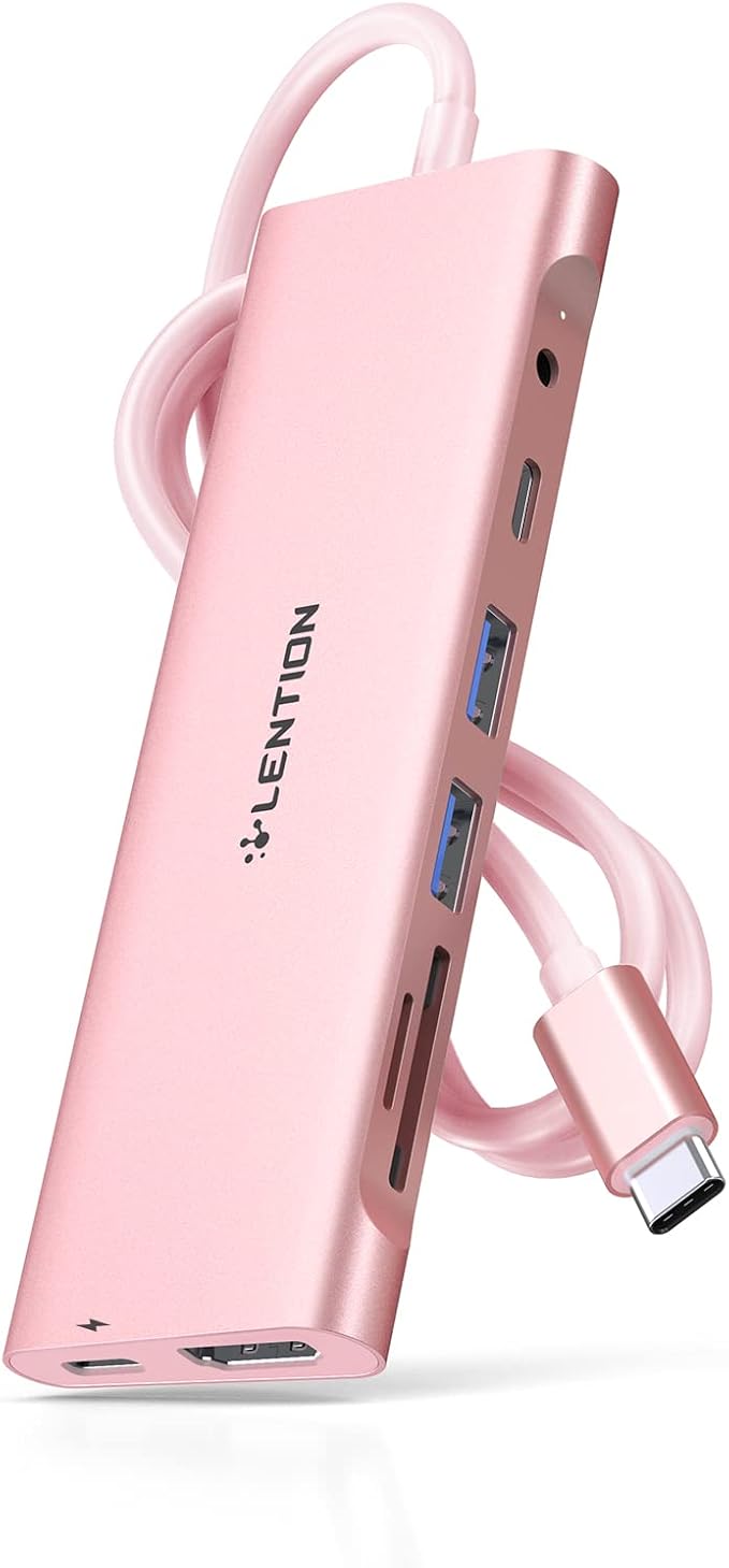 LENTION 3.3FT Long Cable USB C Hub with 4K HDMI, 100W PD, USB 3.0 A&C Data, Card Reader&LED Indicator for MacBook Pro/Air, Dell XPS, HP, Chromebook, Stable Driver Adapter (C37-1M, Rose Gold)