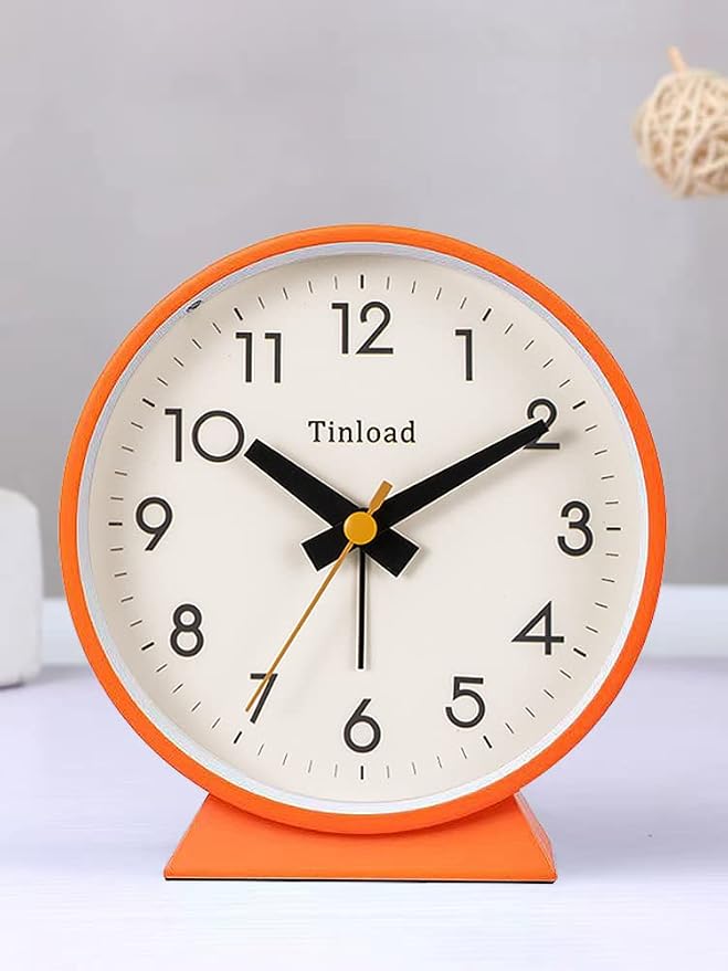 Tinload 4.5" Battery Operated Antique Retro Analog Alarm Clock, Small Silent Bedside Desk Clock, Lighted on Demand, Battery Operated, Snooze, for Living Room, Bedroom, Bedside, Desk(Orange)