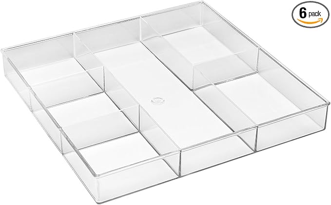 Whitmor Clear 6-Section Drawer Organizer | For Makeup & Accessories | Sturdy Resin | 11.9 x 11.9 x 1.7 Inches | Pack of 6