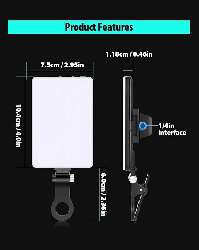 60 LED Portable Selfie Light Video Conference Lighting with Clip & Camera Tripod Adapter Rechargeable 2000mAh CRI 97+, 3 Light Modes for Phone iPhone Webcam Laptop Photo Makeup (Black)