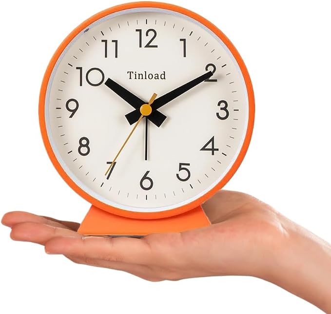 Tinload 4.5" Battery Operated Antique Retro Analog Alarm Clock, Small Silent Bedside Desk Clock, Lighted on Demand, Battery Operated, Snooze, for Living Room, Bedroom, Bedside, Desk(Orange)