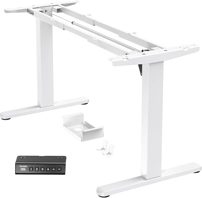 HUANUO Standing Desk Frame with 220lbs Powerful Brushless Motor, Double Crossbeam Structure, Thick Adjustable Desk Legs, for Max 35.4″ x 86.6″ Desktop, for Home Office, White Frame Only